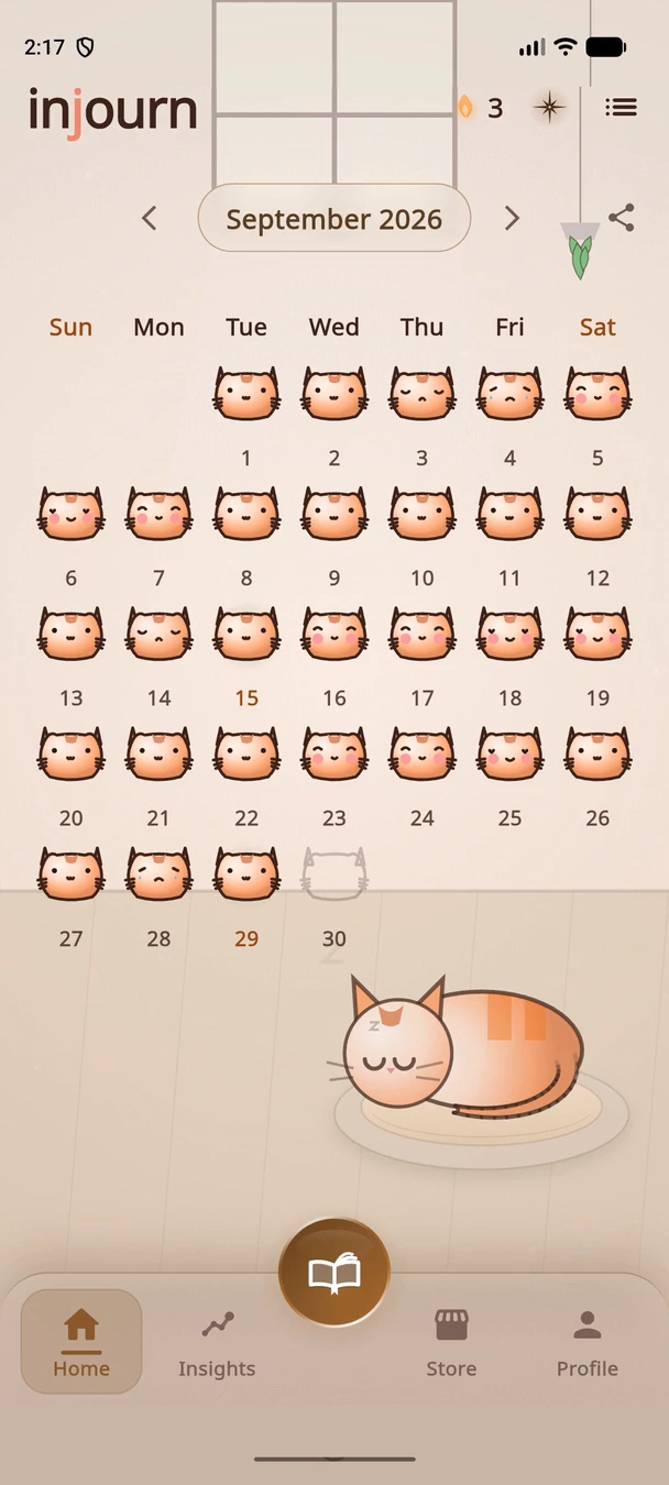Injourn September 2026 calendar view in Cozy Cat living theme